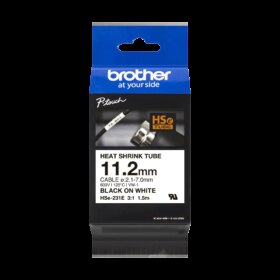 Brother HSe231E Cinta Tubo Termorretractil Original de Etiquetas para Cables - Texto negro sobre fondo blanco - Ancho 11.2mm x 1.5 metros - Cable recomendado Ø 2.1mm a 7.0mm