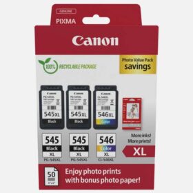 Canon PG545XL Negro + CL546XL Color Pack de 3 Cartuchos de Tinta Originales + 50 Hojas de Papel Fotografico - 8286B015