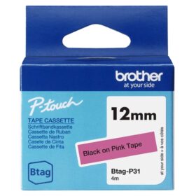 Brother Btag-P31 Cinta 12mm - Texto Negro sobre Fondo Rosa - Medidas 12mmx4 Metros - Apta para PTN10, PTN20, PTN25BT