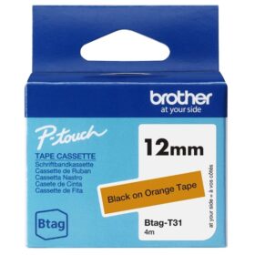 Brother Btag-T31 Cinta 12mm - Texto Negro sobre Fondo Naranja - Medidas 12mmx4 Metros - Apta para PTN10, PTN20, PTN25BT
