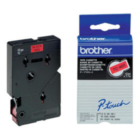 Brother TC401 Cinta Laminada Original para Rotuladora - Texto Negro sobre Fondo Rojo - Ancho 12mm x 7 metros